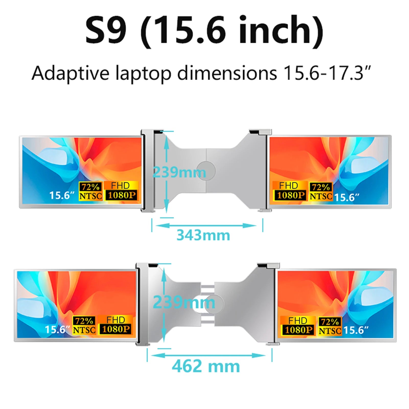 Tragbarer 15-Zoll-Dreifachbildschirm-Laptop-Erweiterungsbildschirm mit einer Auflösung von 1920 * 1080, einfache Installation für 15-17-Zoll-Laptops, Silv