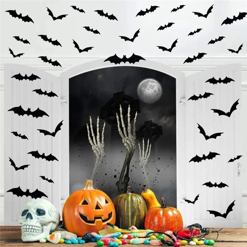 12/24/36/48/60 Stück schwarze 3D-Fledermaus-Wandaufkleber-Set, Halloween-Party-Essentials für Zuhause, Zimmerdekor, Fenster-Wandaufkleber, Glasaufkleber