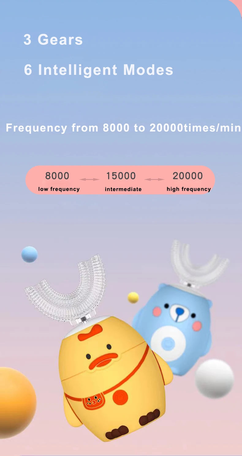 360° Schallzahnbürste für Kinder, U-Form, automatische Silikonzahnbürste, Smart-Timer, wiederaufladbar, blaues Licht, IPX7