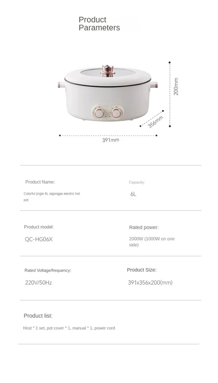 6L Elektrischer Hot Pot mit vier Kochstellen, 2000W, mehrere Temperaturen, 4 Fächer, Antihaftbeschichtung, Sicherheitsabschaltung, für den gemeinsamen Gebrauch zu Hause mit der Familie