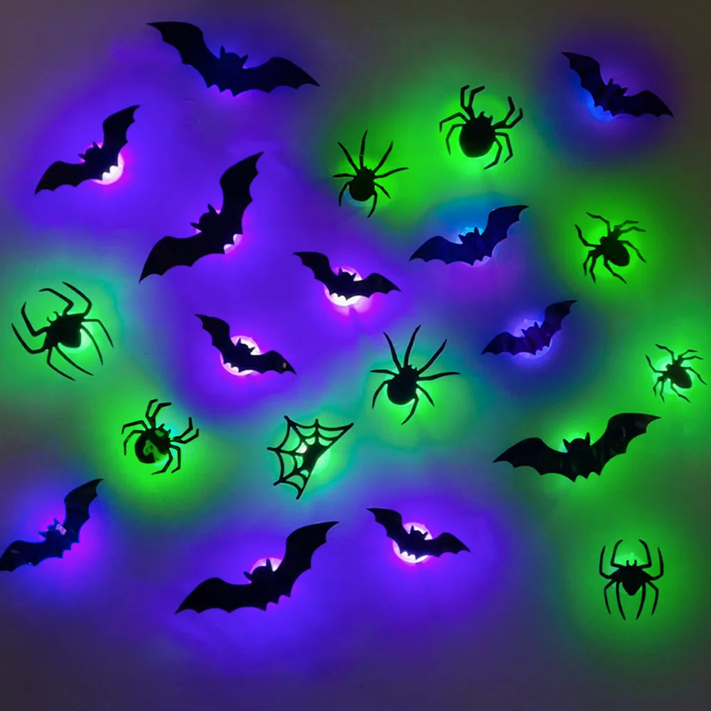 9/12 Stück 3D-LED-Fledermaus-Halloween-Dekorationen für Zuhause, Spinnen-Nachtlicht-Aufkleber für Garten, Hinterhof, Party, festliches Partyzubehör