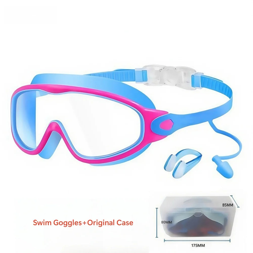 Schwimmbrille für Kinder mit großem Rahmen, Nasenclips und Ohrstöpseln