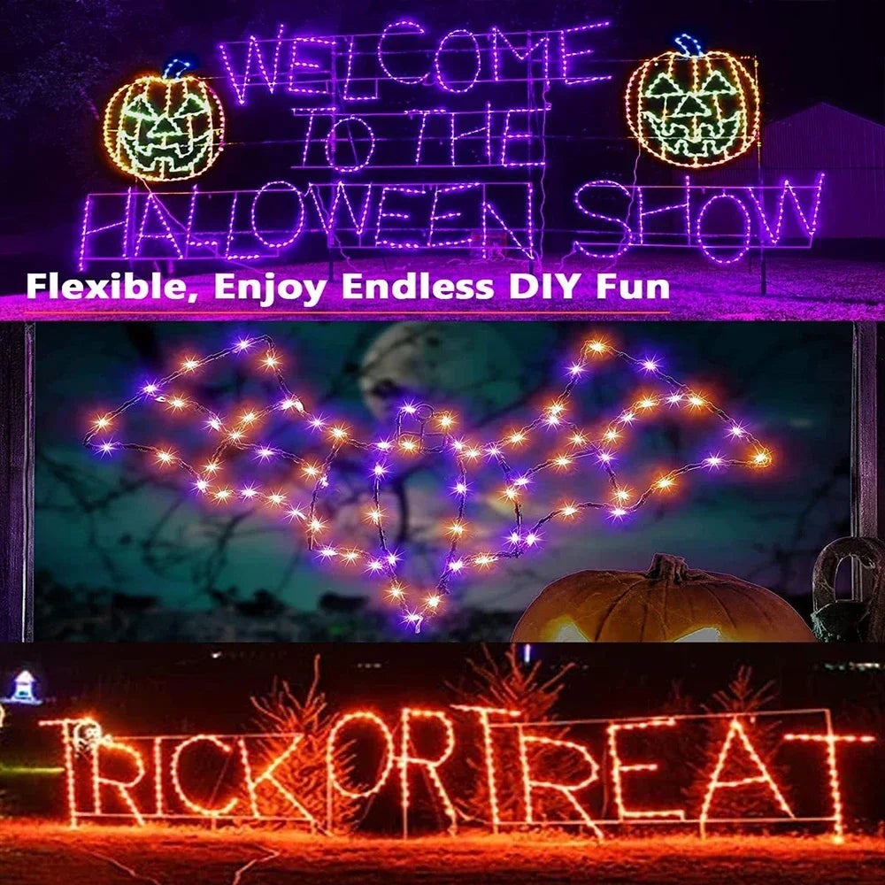 10–120 m Kupferdraht-Lichterketten, Halloween, lila und orange, 8 Modi, für den Außenbereich, Straßenbeleuchtung, Weihnachtsgirlande, Partydekoration