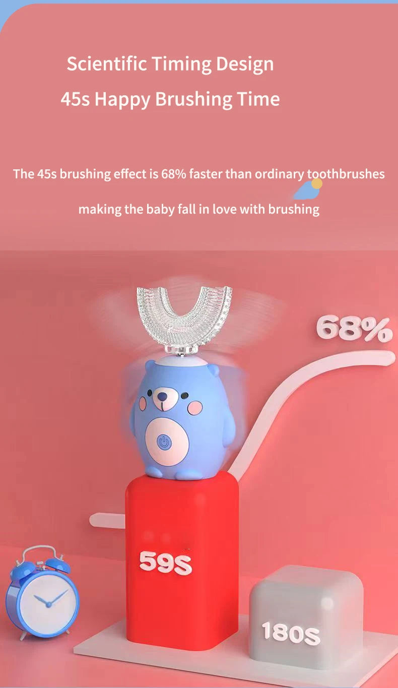 360° Schallzahnbürste für Kinder, U-Form, automatische Silikonzahnbürste, Smart-Timer, wiederaufladbar, blaues Licht, IPX7