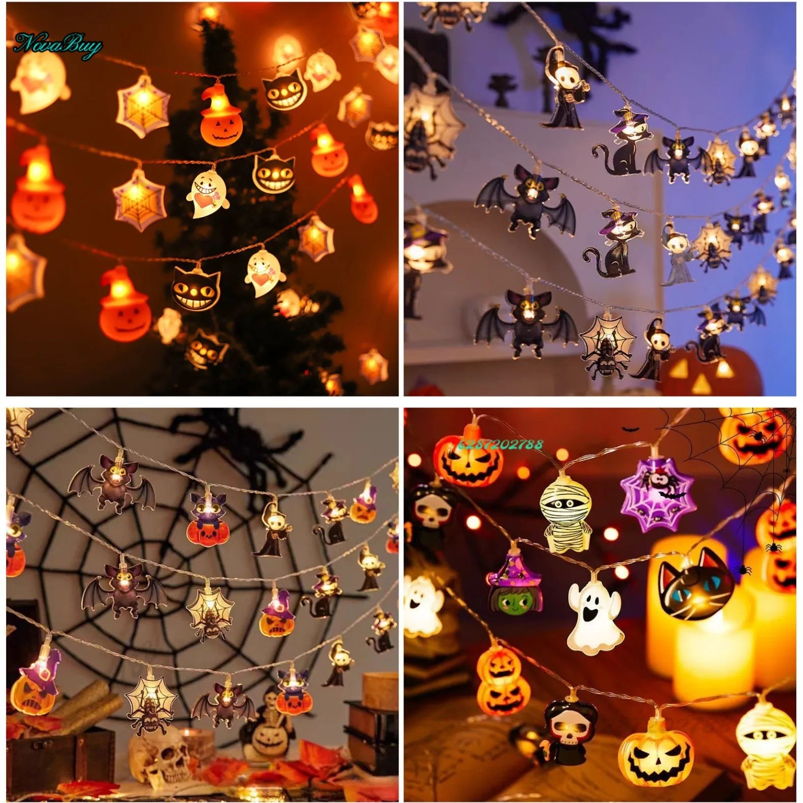 2PCS1.5/3m Halloween LED Lichterkette, Kürbis Geister Spinnennetz Fledermaus Kronleuchter, Batteriebetriebene Halloween Dekoration Requisiten