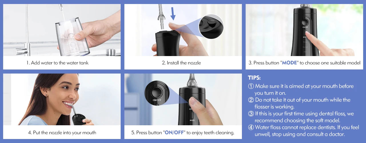 Sejoy Wasserflosser Dental Akku für die Zahnreinigung, 5 Modi, Munddusche, Zahnspangen, Zahnseide, Reiniger, tragbar, für Reisen nach Hause