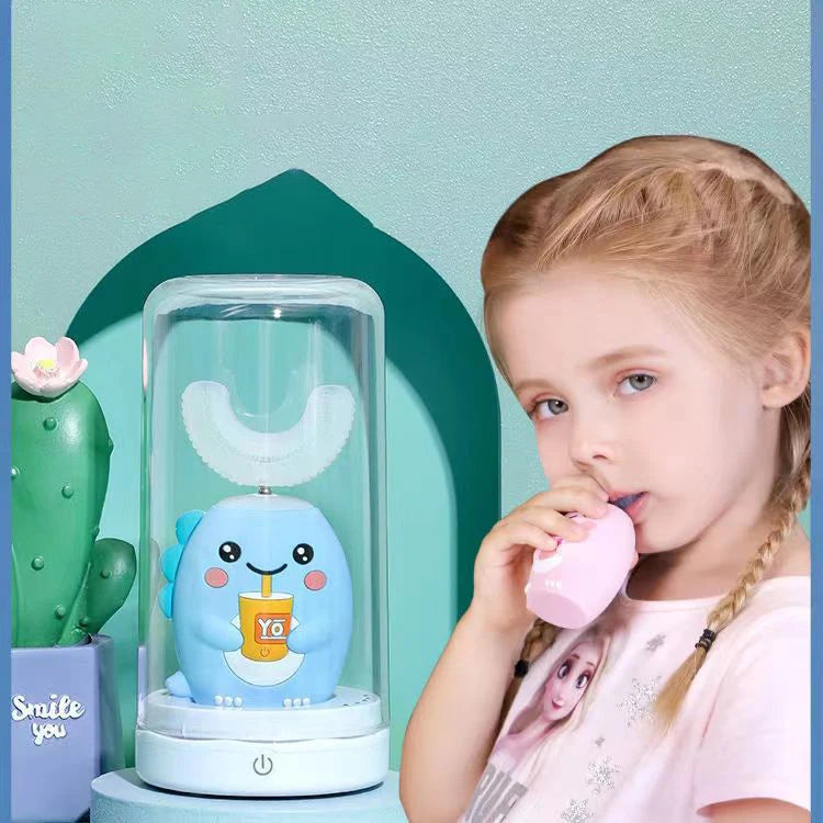 360° Schallzahnbürste für Kinder, U-Form, automatische Silikonzahnbürste, Smart-Timer, wiederaufladbar, blaues Licht, IPX7