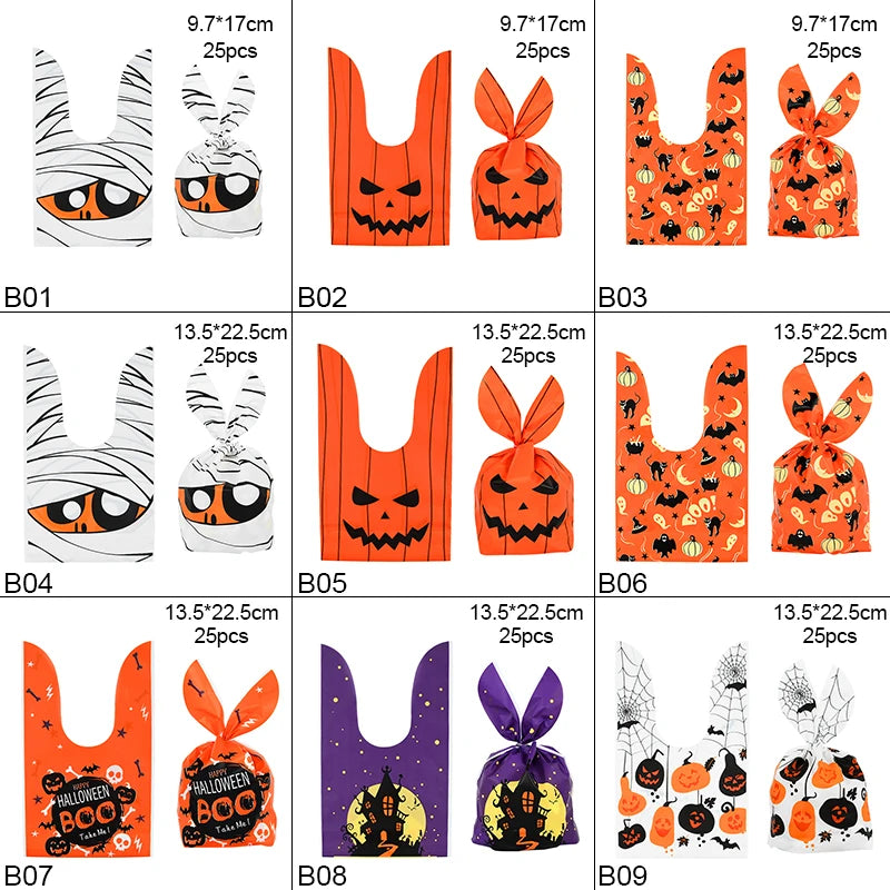 25/50 Stück Halloween Süßigkeitentüten, Kaninchenohr Kürbis, Plastiktüte, Kekse, Dessert DIY Verpackung, Kid Halloween, Party Geschenk Dekor