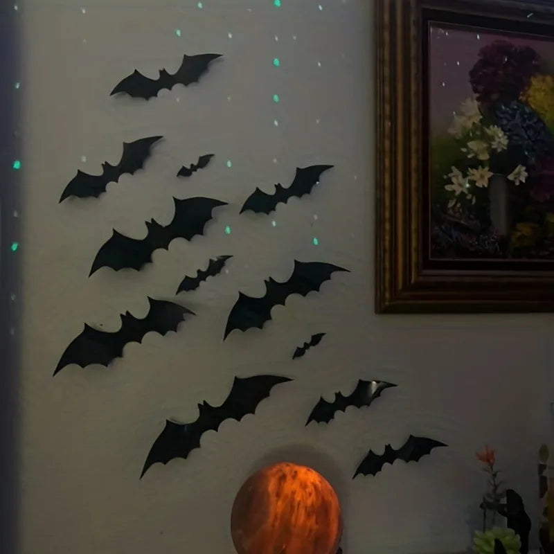 12/24/36/48/60 Stück schwarze 3D-Fledermaus-Wandaufkleber-Set, Halloween-Party-Essentials für Zuhause, Zimmerdekor, Fenster-Wandaufkleber, Glasaufkleber