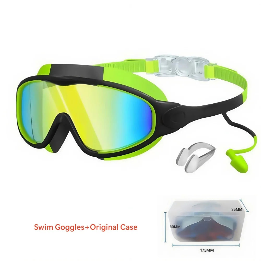 Schwimmbrille für Kinder mit großem Rahmen, Nasenclips und Ohrstöpseln