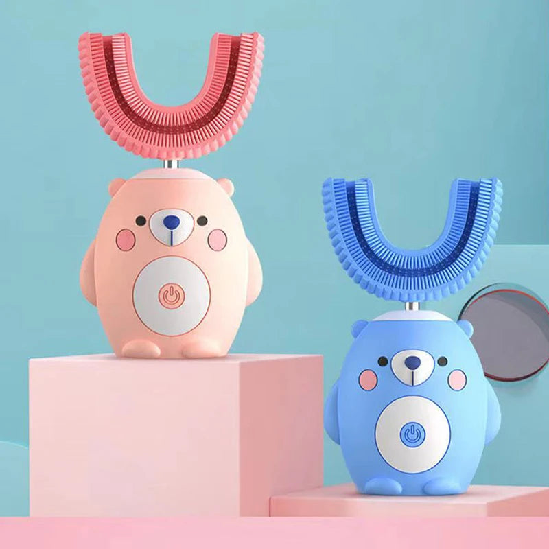 360° Schallzahnbürste für Kinder, U-Form, automatische Silikonzahnbürste, Smart-Timer, wiederaufladbar, blaues Licht, IPX7