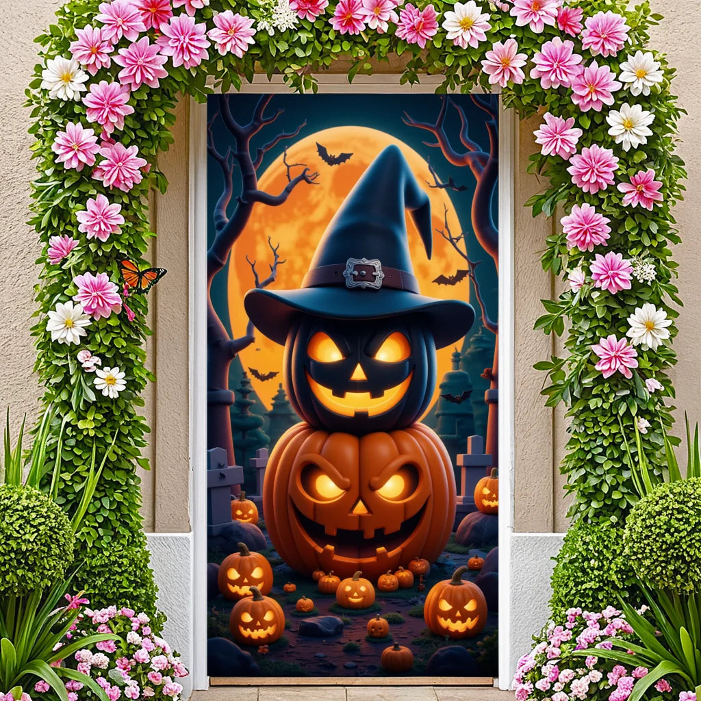 Event-Banner, bunter Druck, Kürbis-Laternen-Banner, Kürbis-Banner, Halloween-Party, Feiertagsfeier, gruselige Tür-Banner-Abdeckung