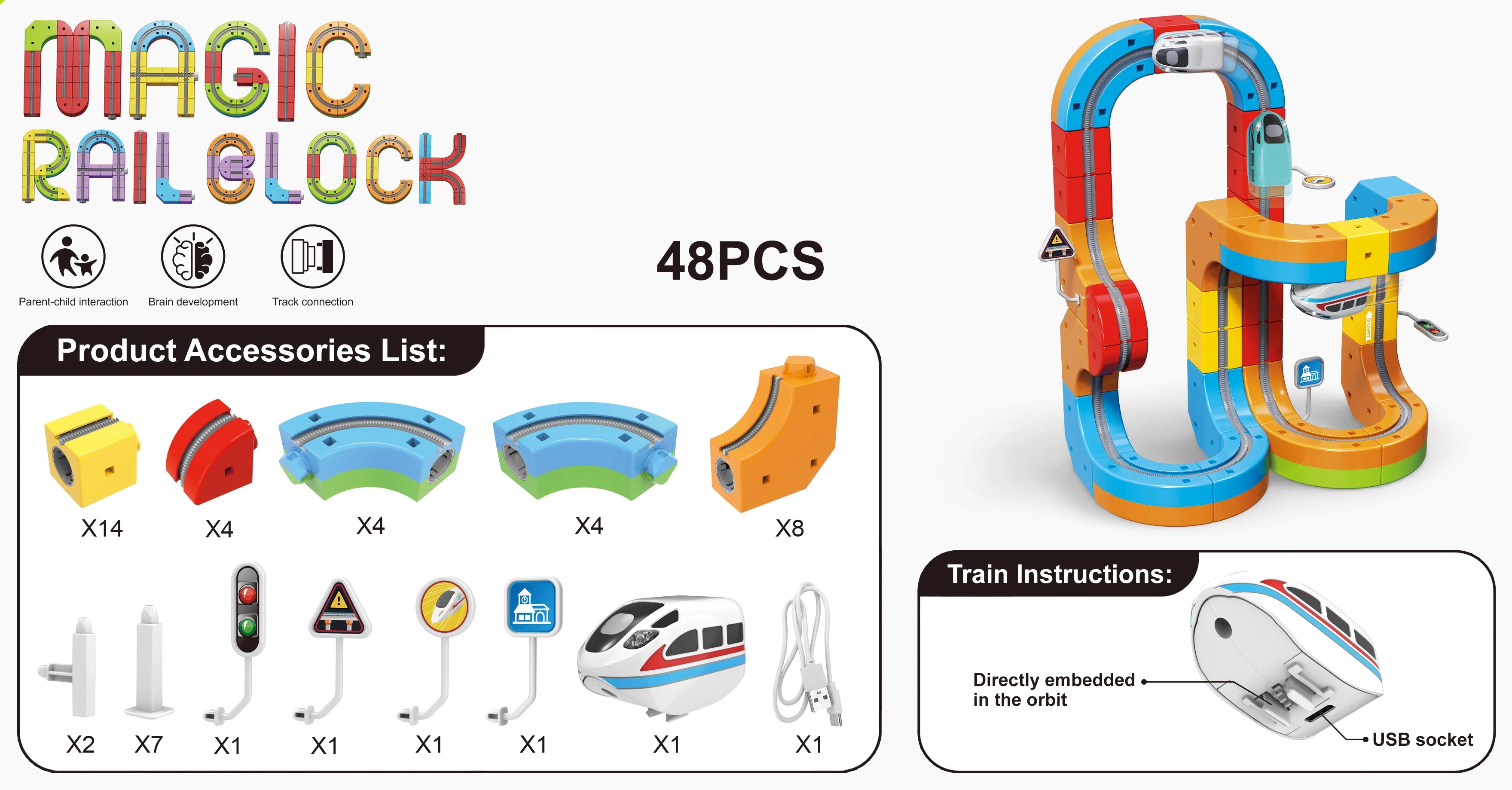 2025 Neuer DIY Magic Rail Cube Elektromagnetischer USB-Ladezug, Schienenfahrzeug-Anbau, Kinder-Slot-Spielzeug 55 Stück