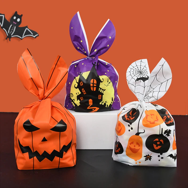 25/50 Stück Halloween Süßigkeitentüten, Kaninchenohr Kürbis, Plastiktüte, Kekse, Dessert DIY Verpackung, Kid Halloween, Party Geschenk Dekor