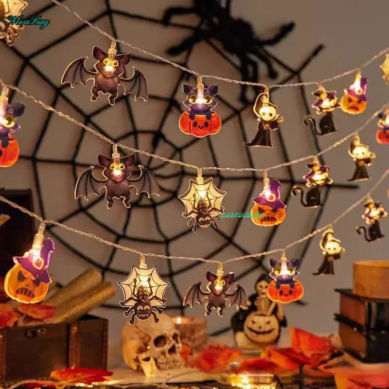 2PCS1.5/3m Halloween LED Lichterkette, Kürbis Geister Spinnennetz Fledermaus Kronleuchter, Batteriebetriebene Halloween Dekoration Requisiten