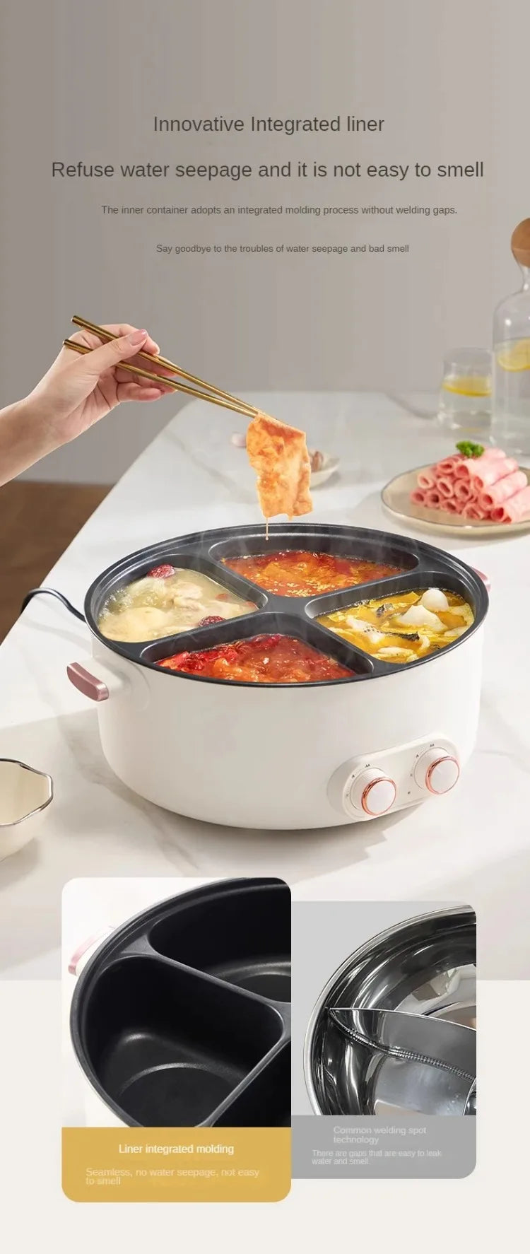 6L Elektrischer Hot Pot mit vier Kochstellen, 2000W, mehrere Temperaturen, 4 Fächer, Antihaftbeschichtung, Sicherheitsabschaltung, für den gemeinsamen Gebrauch zu Hause mit der Familie