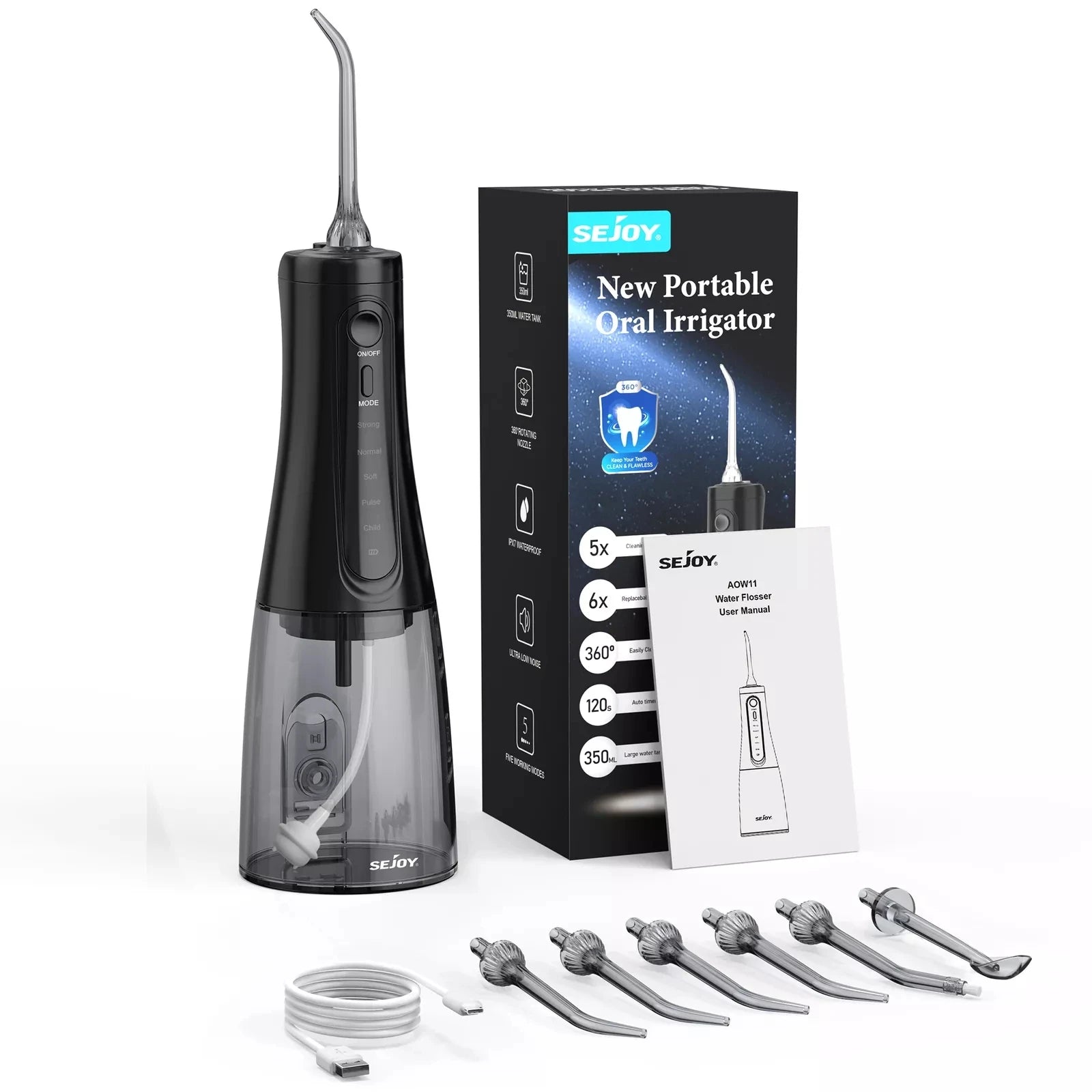 Sejoy Wasserflosser Dental Akku für die Zahnreinigung, 5 Modi, Munddusche, Zahnspangen, Zahnseide, Reiniger, tragbar, für Reisen nach Hause