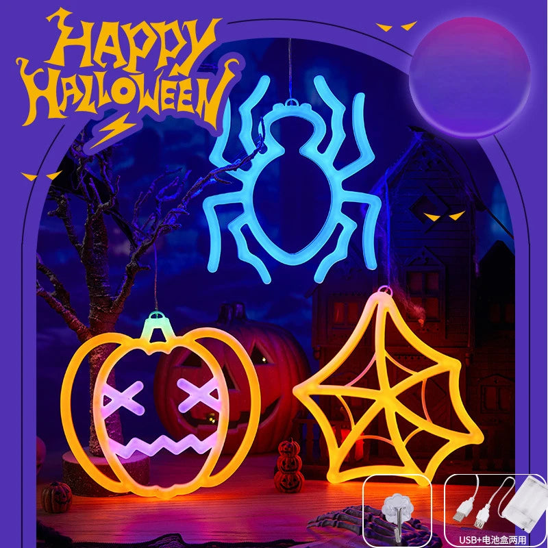 Halloween Fenster Lichter, Home Indoor LED Kürbis Spinne Geist, LED Decor Lampe 2024, Halloween Party, Hängende Dekoration, Kinder Gefälligkeiten