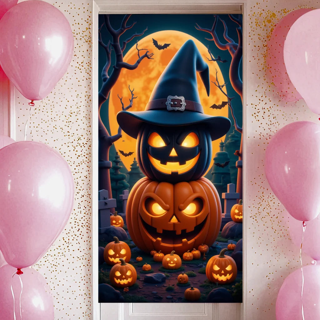 Event-Banner, bunter Druck, Kürbis-Laternen-Banner, Kürbis-Banner, Halloween-Party, Feiertagsfeier, gruselige Tür-Banner-Abdeckung