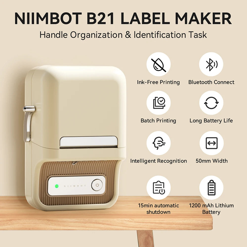 Niimbot B21- Kabelloser tintenloser Etikettendrucker, Barcode-Etikettendrucker, Druckpapier, Aufkleber Maschine 20 mm - 50 mm