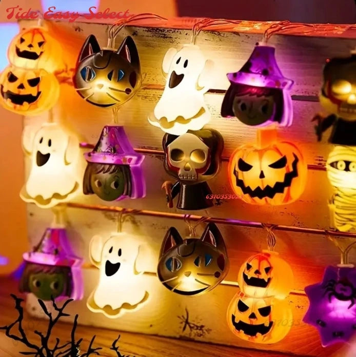 2PCS1.5/3m Halloween LED Lichterkette, Kürbis Geister Spinnennetz Fledermaus Kronleuchter, Batteriebetriebene Halloween Dekoration Requisiten