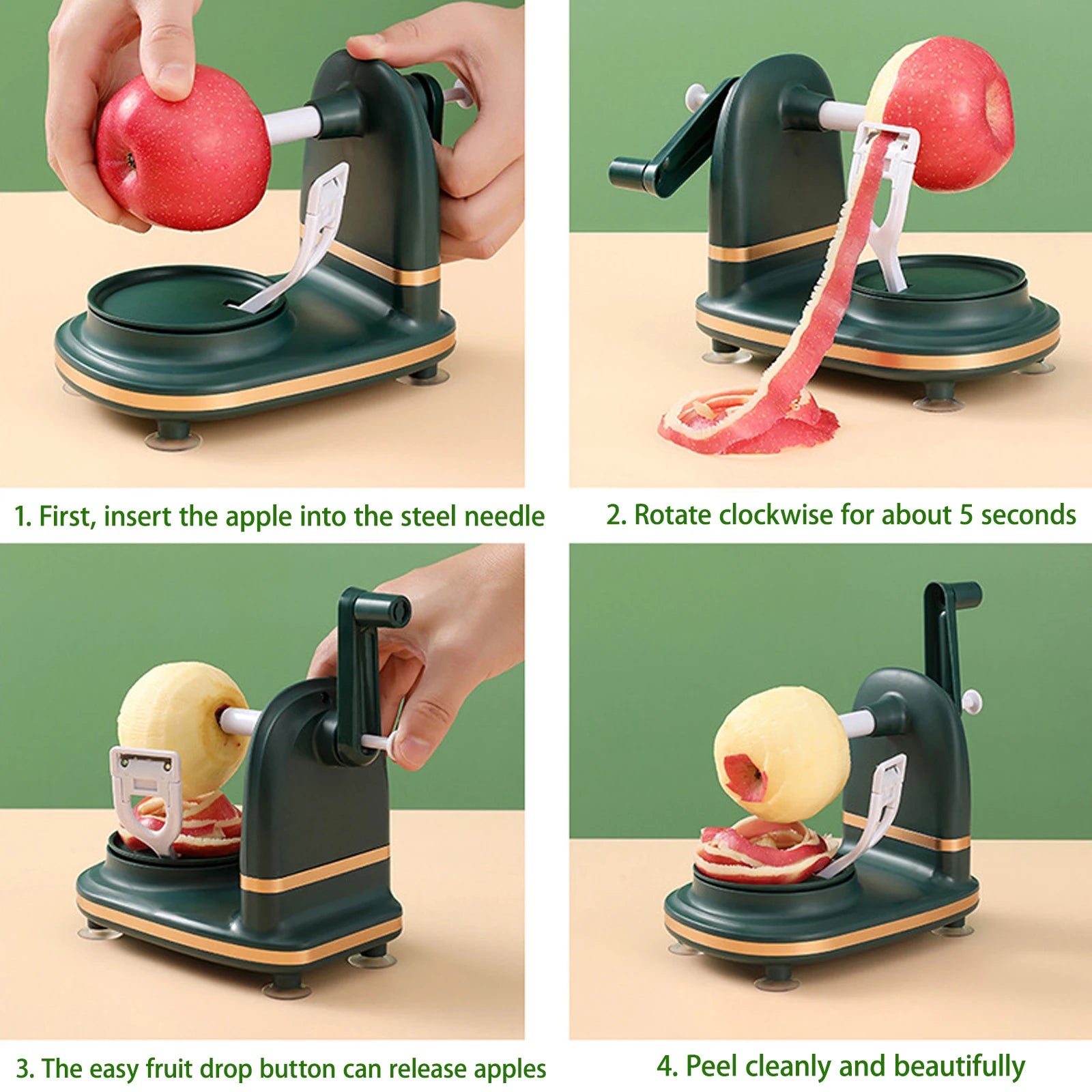 3-in-1-Handkurbel-Rotations-Obst-/Gemüseschäler, Edelstahlklingen, Apfelschneider, Haushaltsschälmaschine, Küchenhelfer