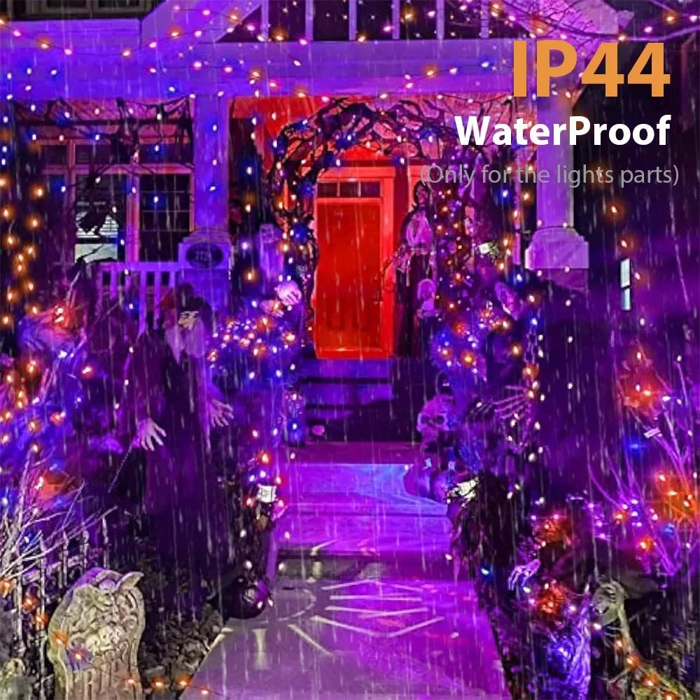 10–120 m Kupferdraht-Lichterketten, Halloween, lila und orange, 8 Modi, für den Außenbereich, Straßenbeleuchtung, Weihnachtsgirlande, Partydekoration