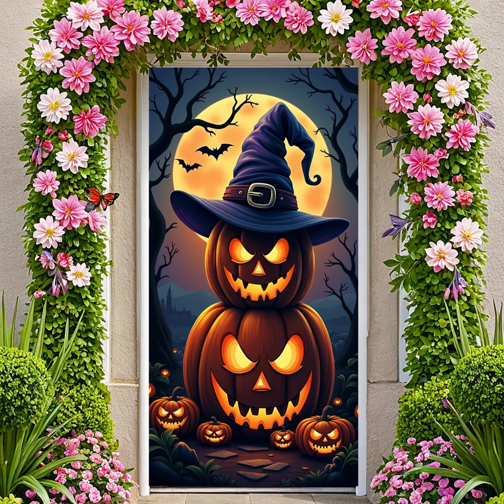 Event-Banner, bunter Druck, Kürbis-Laternen-Banner, Kürbis-Banner, Halloween-Party, Feiertagsfeier, gruselige Tür-Banner-Abdeckung