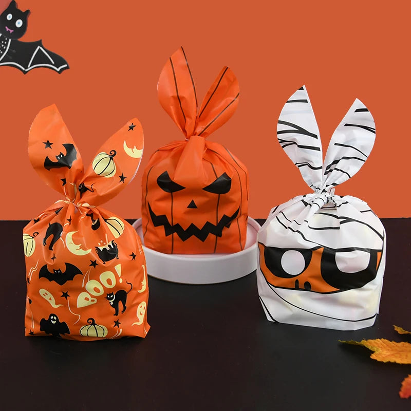 25/50 Stück Halloween Süßigkeitentüten, Kaninchenohr Kürbis, Plastiktüte, Kekse, Dessert DIY Verpackung, Kid Halloween, Party Geschenk Dekor