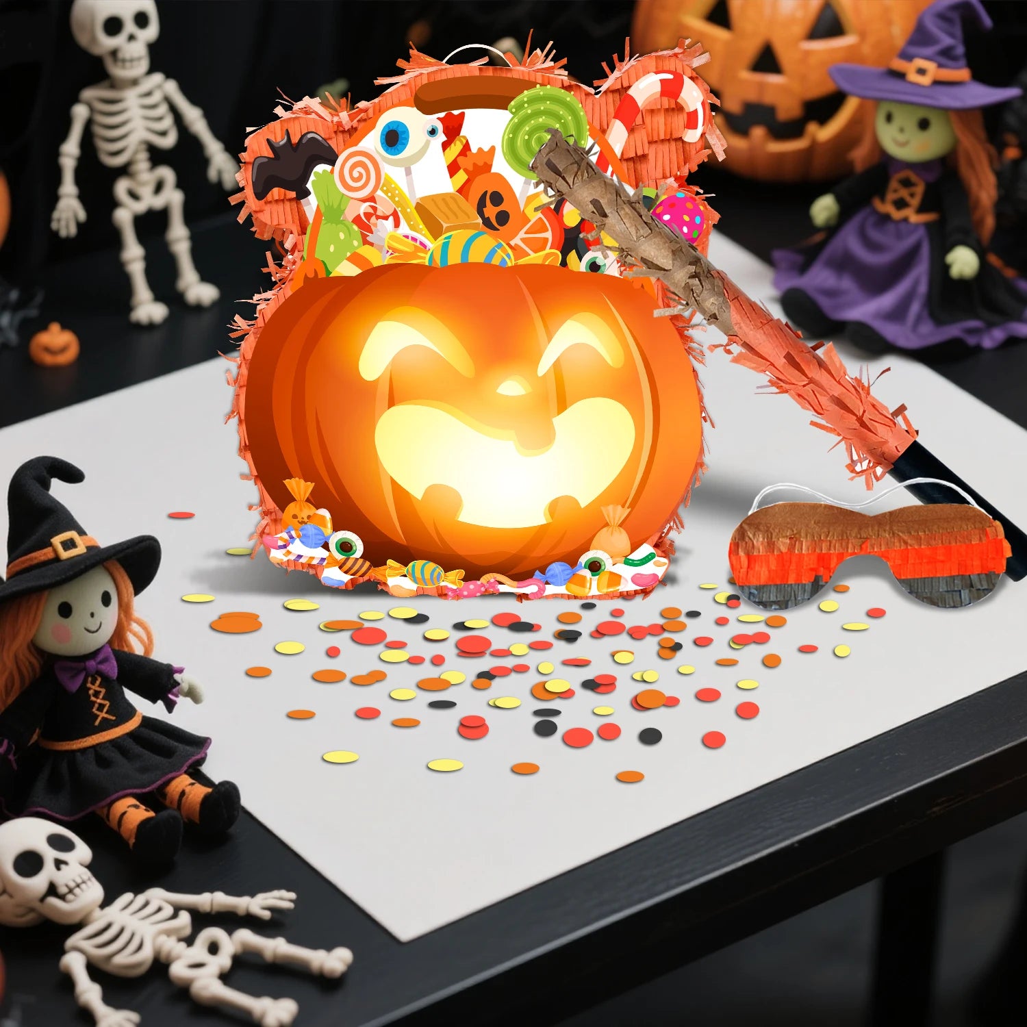 Halloween-Kürbis-Piñata-Bundle - Halloween-Piñata, Halloween-Partyspiele, Stock, Augenbinde usw., Halloween-Party-Dekorationen, Piñata