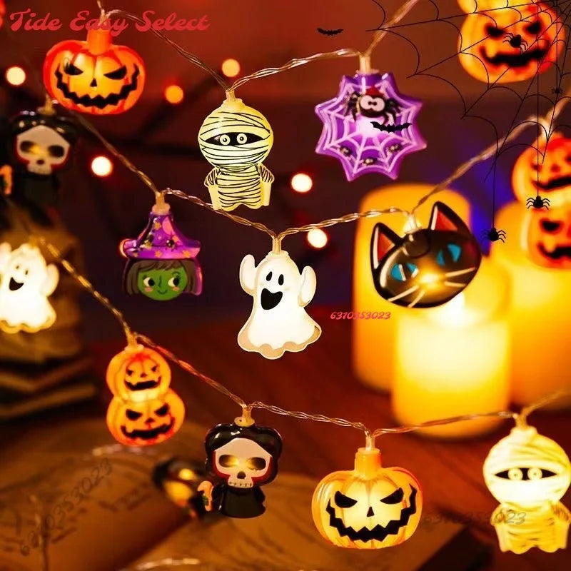 2PCS1.5/3m Halloween LED Lichterkette, Kürbis Geister Spinnennetz Fledermaus Kronleuchter, Batteriebetriebene Halloween Dekoration Requisiten