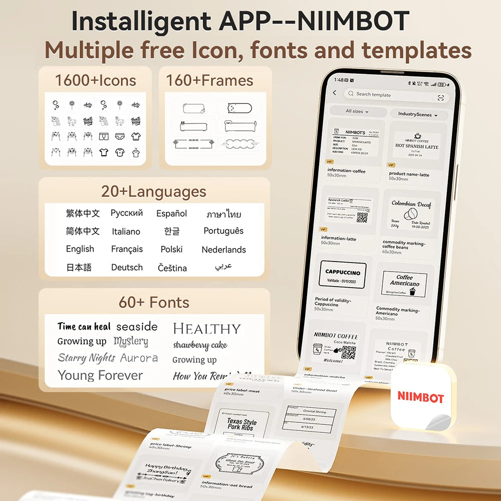 Niimbot B21- Kabelloser tintenloser Etikettendrucker, Barcode-Etikettendrucker, Druckpapier, Aufkleber Maschine 20 mm - 50 mm