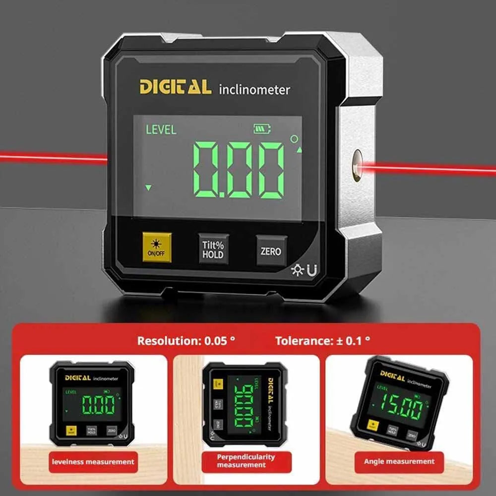 4-seitiger magnetischer digitaler Winkelmesser mit Laser, elektronischer Winkelmesser, Horizontometer, Neigungsmesser, Winkellineal, Neigungsmessung