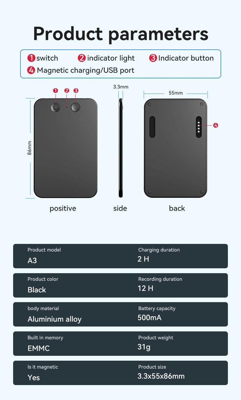 AI ChatGPT App Telefonanruf Aktivierter Diktiergerät Transcribe Summarize Smart Magnet Adsorb 8-128 GB Ultradünnes Kartendiktiergerät
