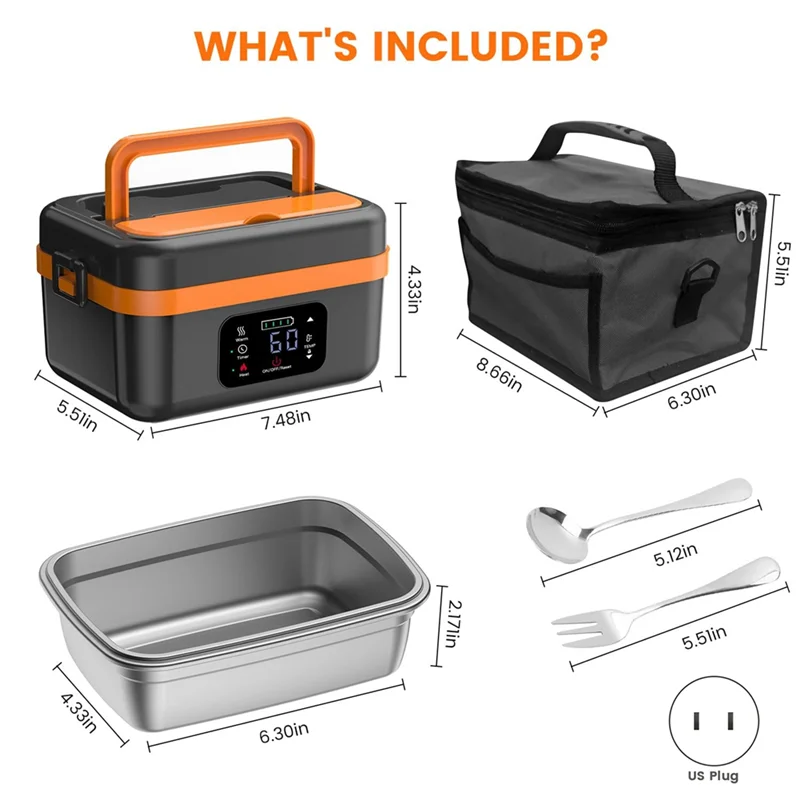 A07R Cordless Electric Lunch Box With 16000Mah Battery Rechargeable Self-Heating Food Warmer For Work/Travel Car/Office Us Plug