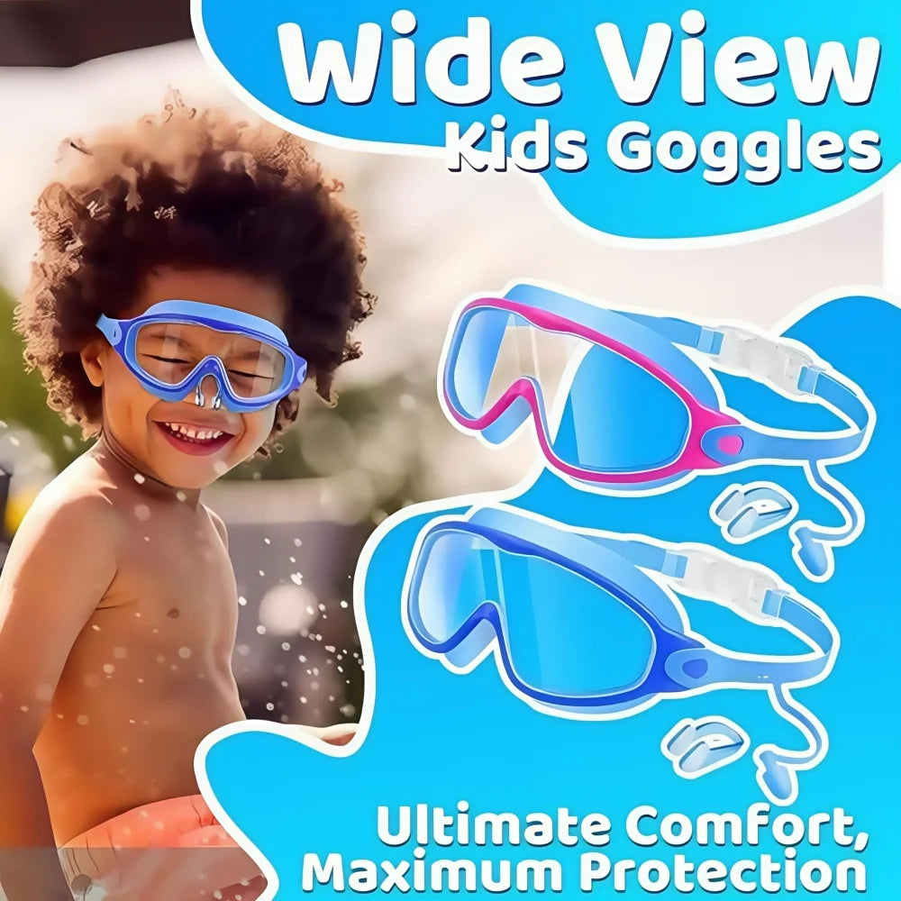 Schwimmbrille für Kinder mit großem Rahmen, Nasenclips und Ohrstöpseln