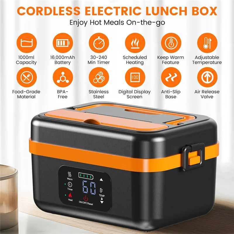 A07R Cordless Electric Lunch Box With 16000Mah Battery Rechargeable Self-Heating Food Warmer For Work/Travel Car/Office Us Plug