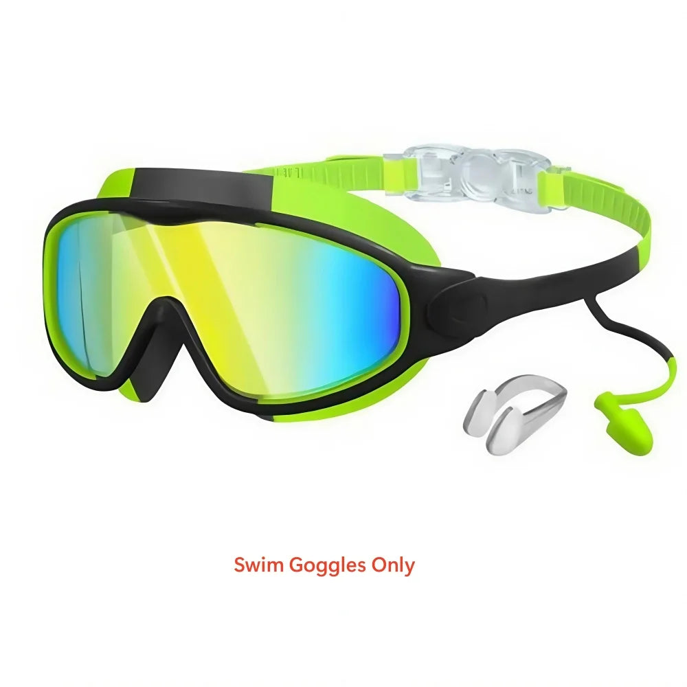 Schwimmbrille für Kinder mit großem Rahmen, Nasenclips und Ohrstöpseln