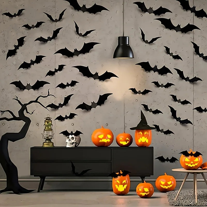 12/24/36/48/60 Stück schwarze 3D-Fledermaus-Wandaufkleber-Set, Halloween-Party-Essentials für Zuhause, Zimmerdekor, Fenster-Wandaufkleber, Glasaufkleber