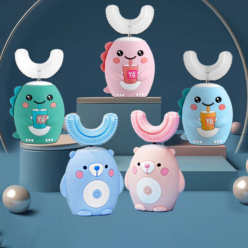 360° Schallzahnbürste für Kinder, U-Form, automatische Silikonzahnbürste, Smart-Timer, wiederaufladbar, blaues Licht, IPX7