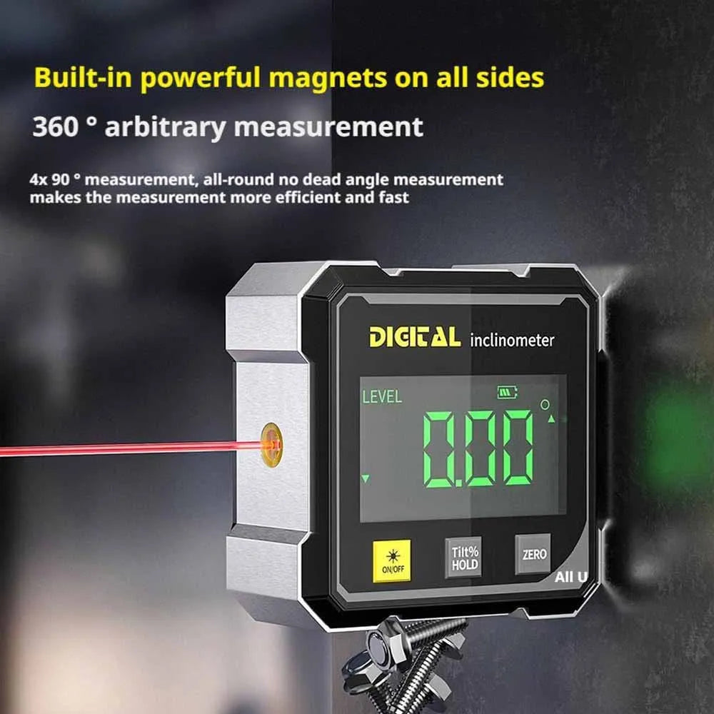 4-seitiger magnetischer digitaler Winkelmesser mit Laser, elektronischer Winkelmesser, Horizontometer, Neigungsmesser, Winkellineal, Neigungsmessung