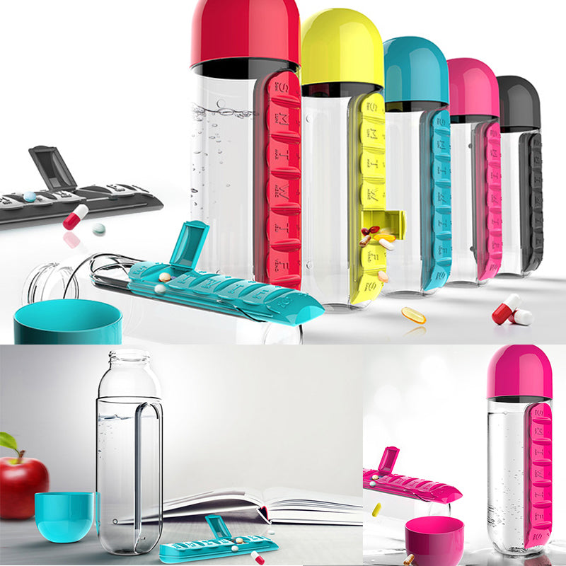 2 in 1, 600 ml 7 Fächer Medizinbox Wasserbecher