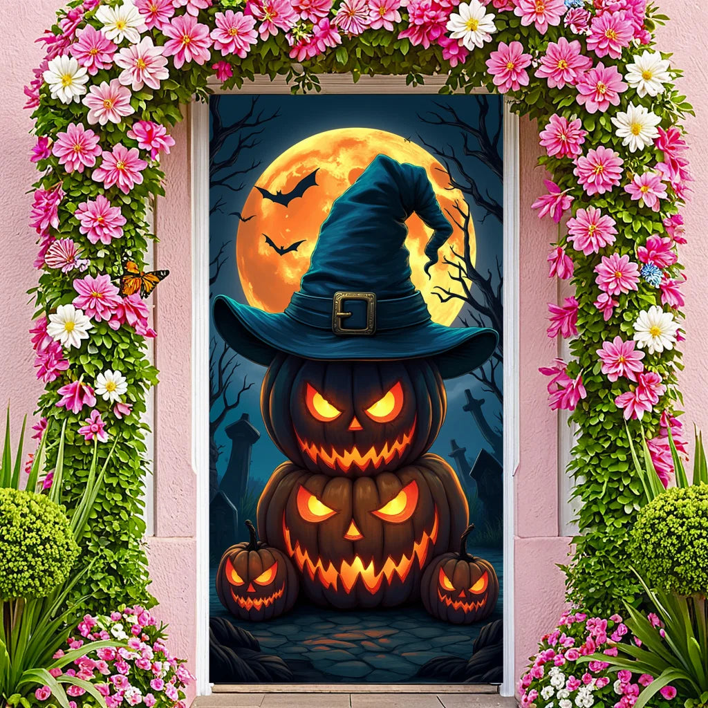Event-Banner, bunter Druck, Kürbis-Laternen-Banner, Kürbis-Banner, Halloween-Party, Feiertagsfeier, gruselige Tür-Banner-Abdeckung