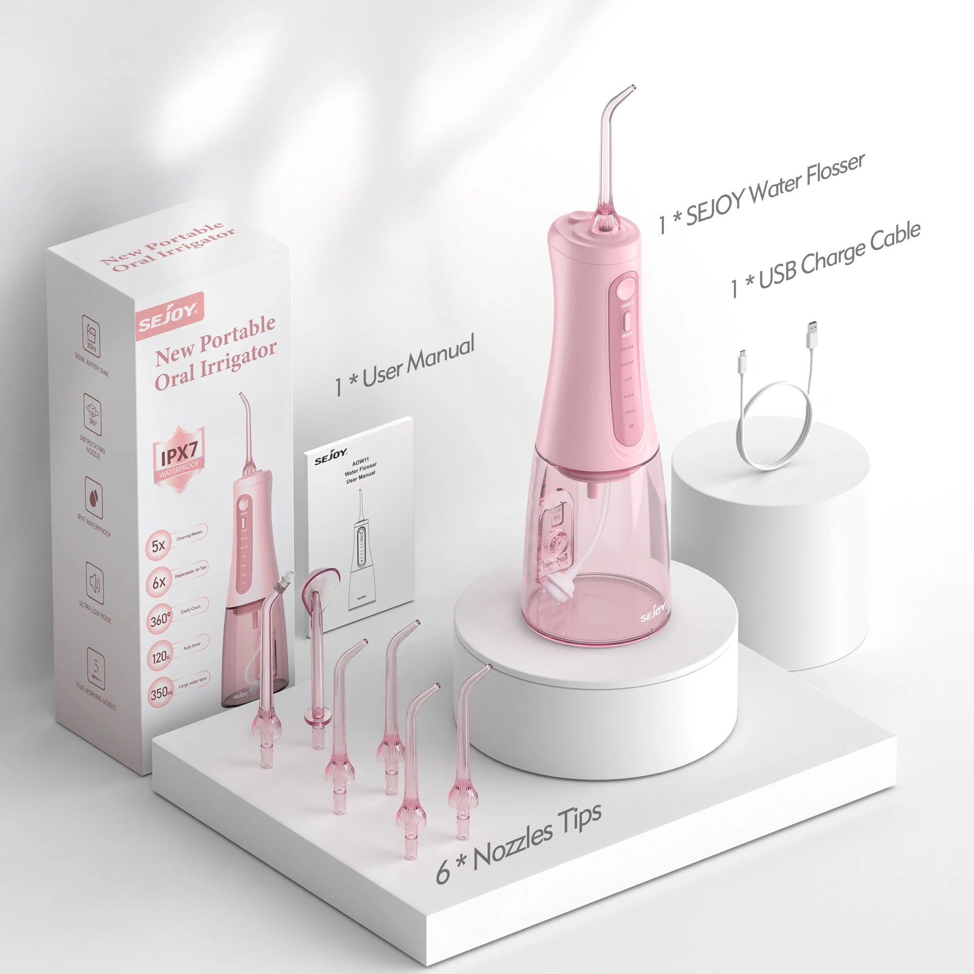 Sejoy Wasserflosser Dental Akku für die Zahnreinigung, 5 Modi, Munddusche, Zahnspangen, Zahnseide, Reiniger, tragbar, für Reisen nach Hause