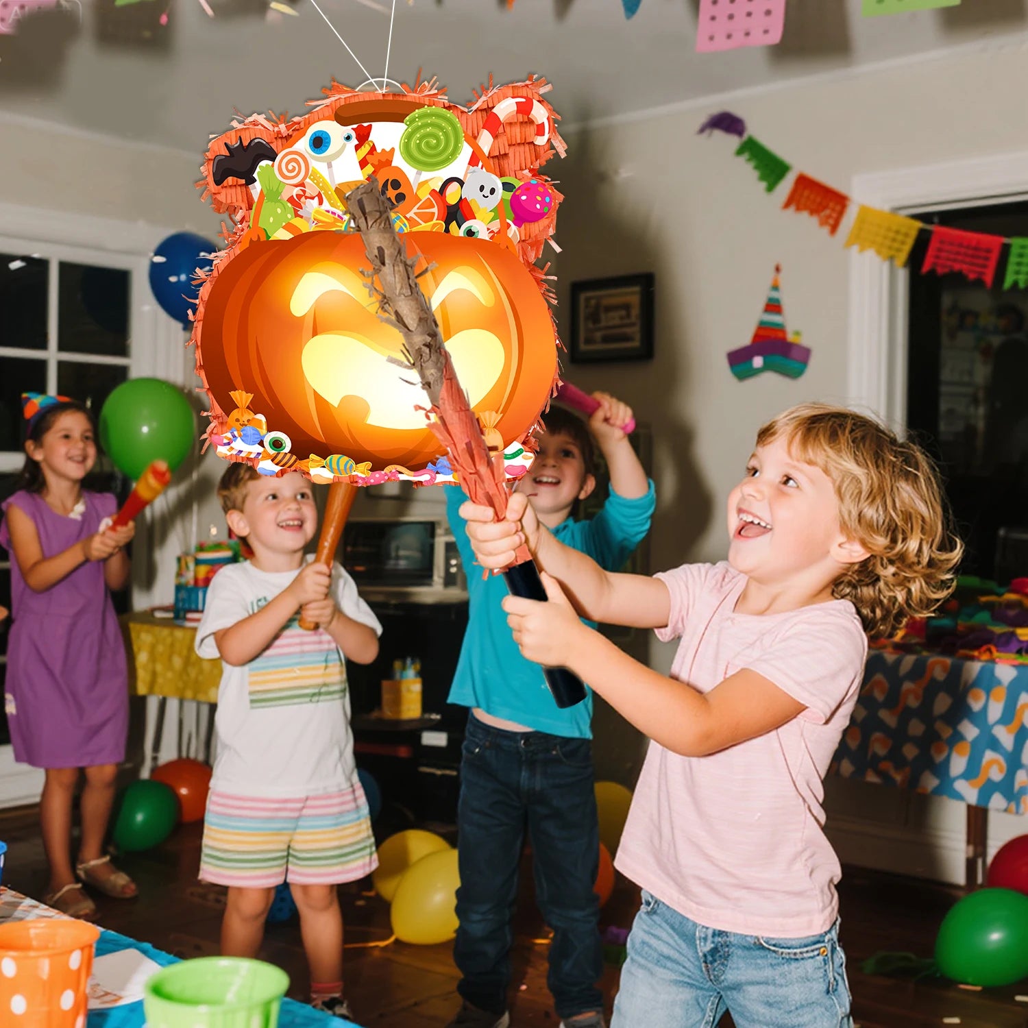 Halloween-Kürbis-Piñata-Bundle - Halloween-Piñata, Halloween-Partyspiele, Stock, Augenbinde usw., Halloween-Party-Dekorationen, Piñata