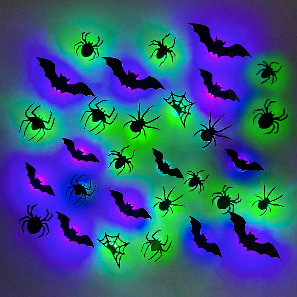 9/12 Stück 3D-LED-Fledermaus-Halloween-Dekorationen für Zuhause, Spinnen-Nachtlicht-Aufkleber für Garten, Hinterhof, Party, festliches Partyzubehör