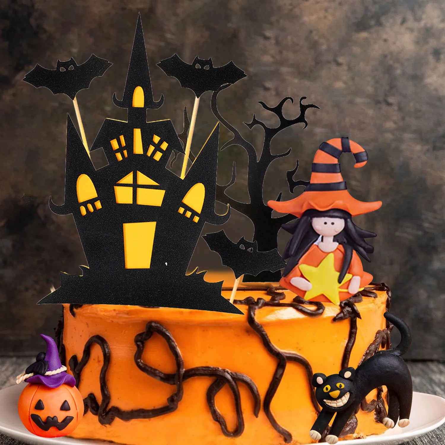 8 stücke Halloween Kuchen, Topper Spukhaus Kürbis, Mädchen Fledermaus, Schwarze Katze Cupcake topper für Wizard Party, Ghost Party, Spider Party