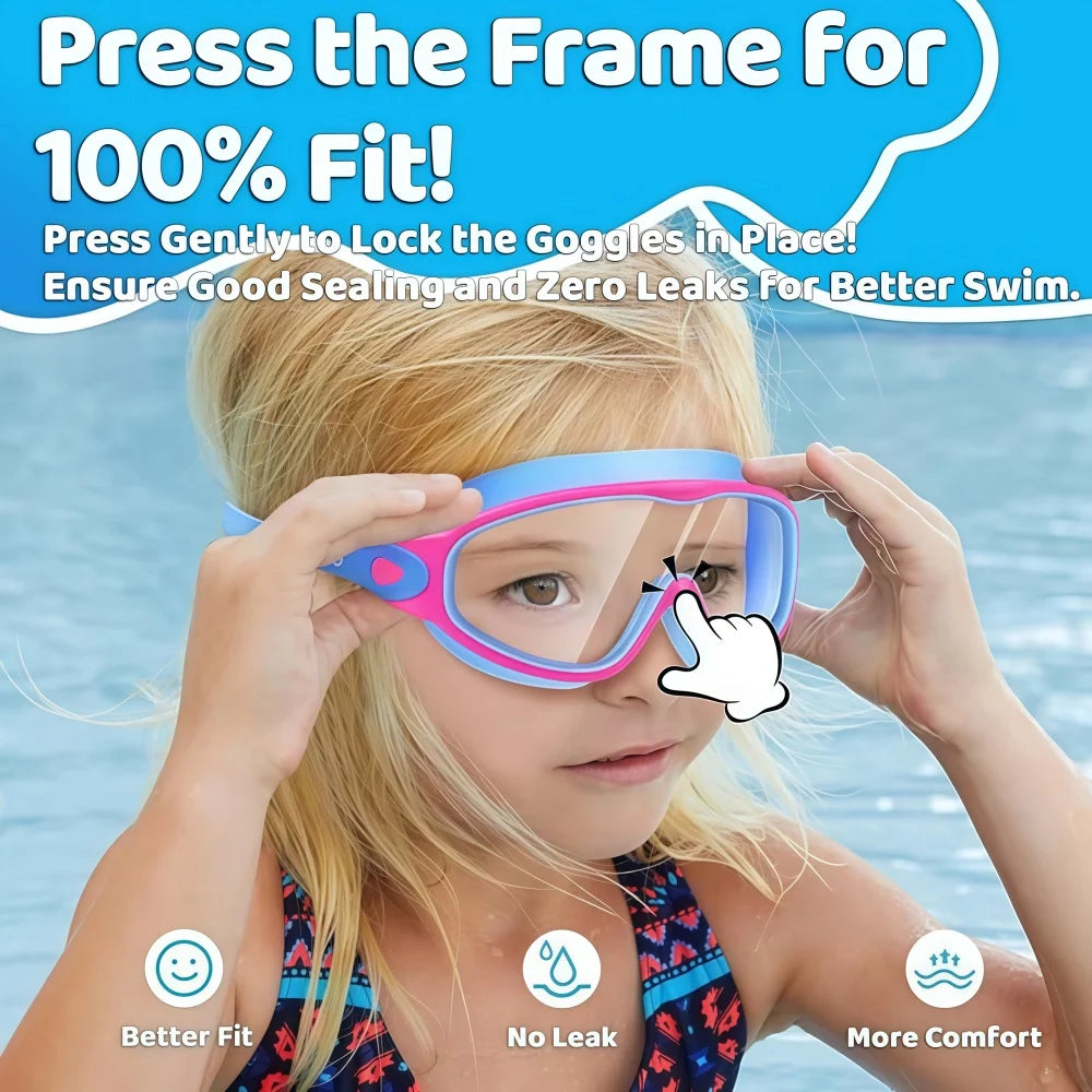 Schwimmbrille für Kinder mit großem Rahmen, Nasenclips und Ohrstöpseln