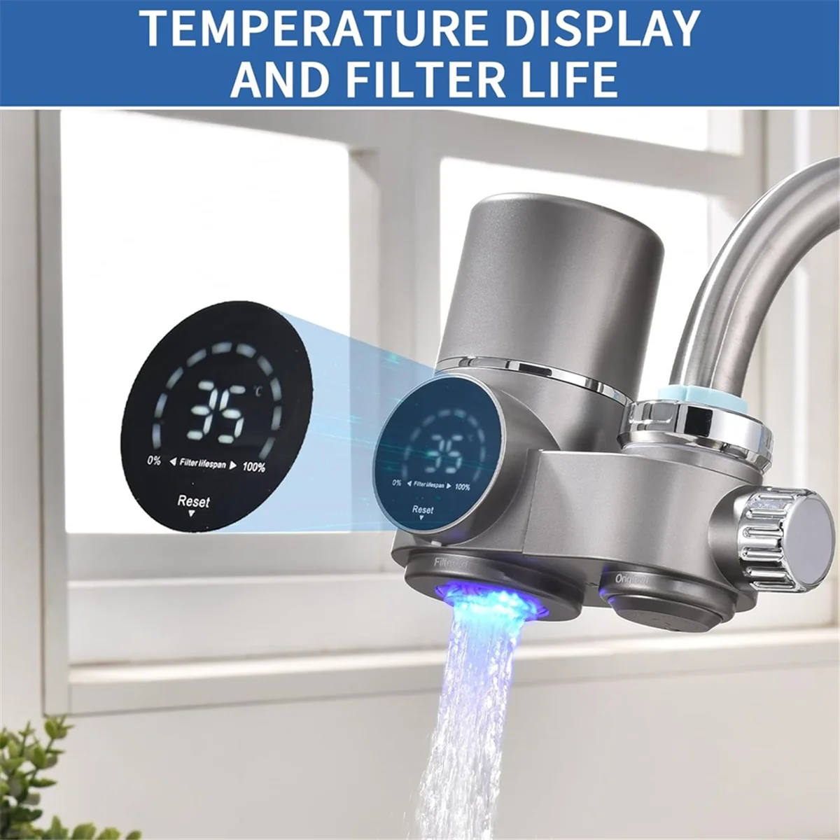 A42F Wasserhahn-Wasserfilter für Spüle, LED-Anzeige, Wasserreiniger für Wasserhahn, Wasserhahnmontage, Leitungswasserfiltersystem für die Küche