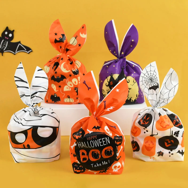 25/50 Stück Halloween Süßigkeitentüten, Kaninchenohr Kürbis, Plastiktüte, Kekse, Dessert DIY Verpackung, Kid Halloween, Party Geschenk Dekor
